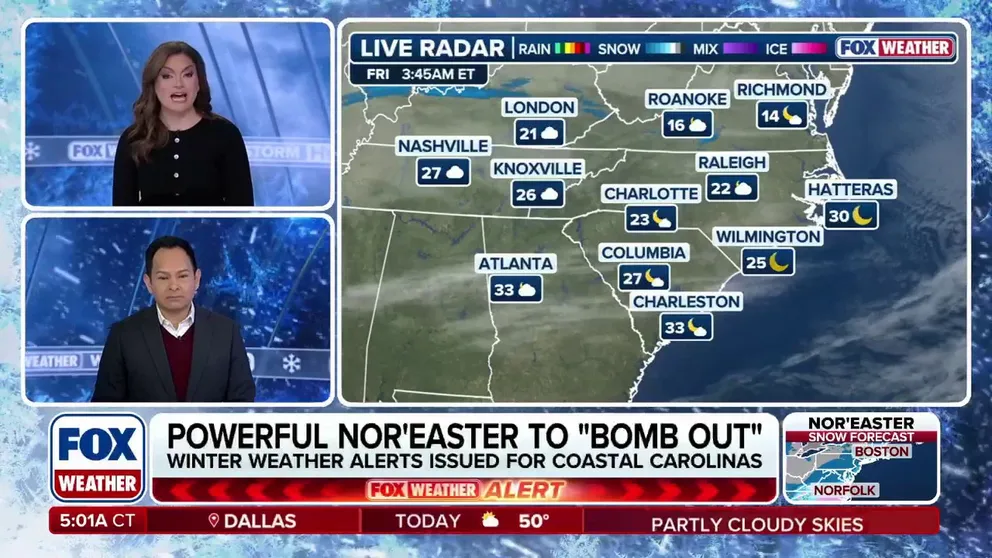 Winter Storm Warnings issued for 20 million in the Southeast as a powerful nor'easter has its sights set on the East Coast, set to 'bomb' out and slam the Carolinas and Virginia.