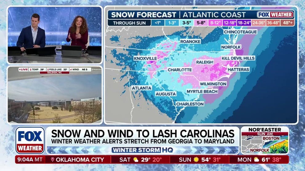 A powerful nor'easter is set to bomb out over the Carolinas and Virginia this weekend, bringing heavy impacts to the region. Snow totals of between 5-8 inches are forecast, with higher amounts possible. Winter weather alerts stretch all up the East Coast, from Georgia up into Maryland. 
