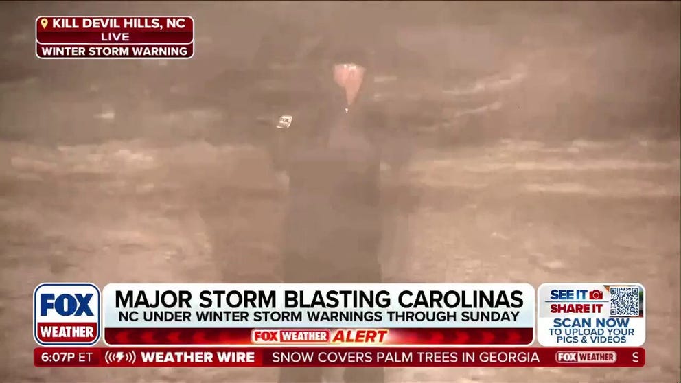 FOX Weather Storm Specialist Mike Seidel is seeing near-blizzard conditions in Kill Devil Hills, North Carolina, as a major storm blasts the Carolinas on Saturday.