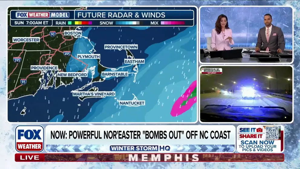 The Carolinas are getting blasted by snow and intense winds as a nor'easter bombs out over the coast. This historic storm is breaking records as it continues moving north into the Northeast and New England, where Massachusetts' Cape Cod is directly in the bullseye. 