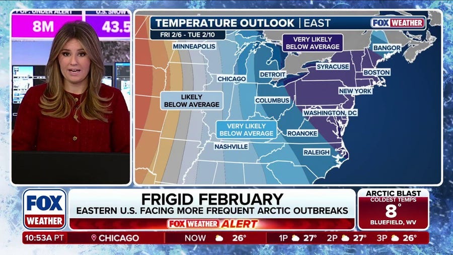 February outlook calling for more below-average temperatures across the eastern US