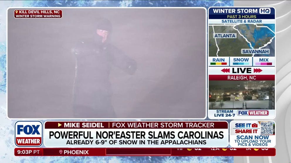 FOX Weather Storm Specialist Mike Seidel braved historic conditions on North Carolina's Outer Banks as a powerful nor'easter 'bombed out' offshore. He spoke with FOX Weather Meteorologist Ari Sarsalari as part of FOX Weather's live coverage Saturday. Wind gusts approached hurricane-force strength and some places in North Carolina topped 20 inches of snow.