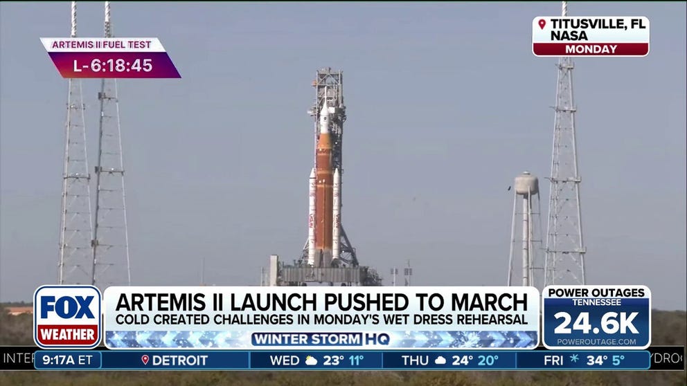 NASA has pushed back the February launch of Artemis 2 to March after ending a critical fuel test early Tuesday morning, which was complicated by a liquid hydrogen leak and cold temperatures due to the rare Arctic outbreak that has gripped Florida. Artemis 2 would be the first crewed mission to return to the Moon since Apollo 17 in 1972. The pre-launch test was designed to fuel the Space Launch System and identify technical issues before launch. 