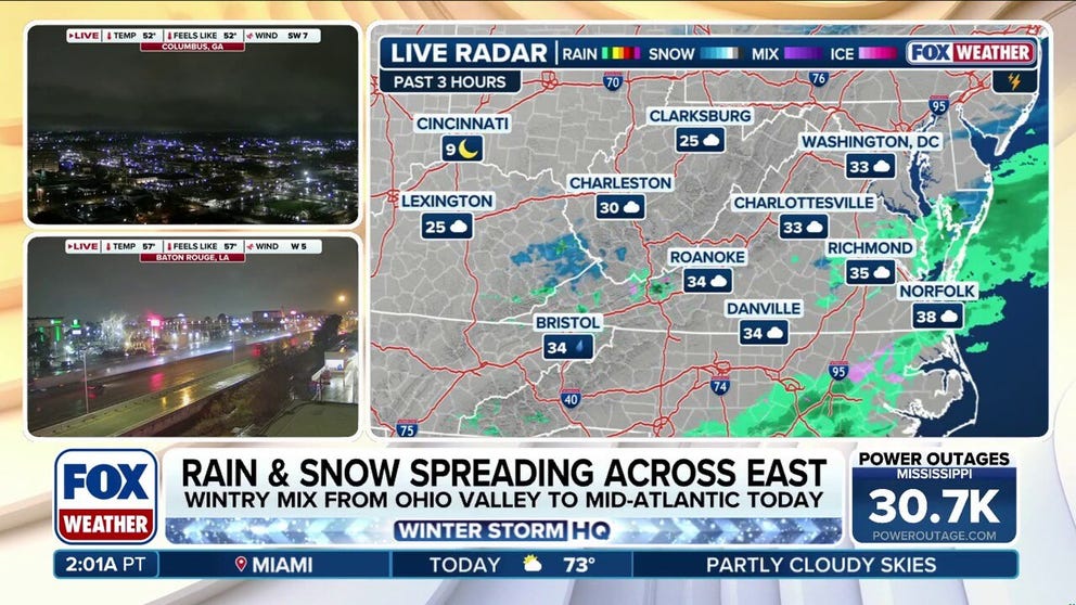 The first round of snow has begun across the East, bringing quick bursts of rain and fresh powder to portions of the Ohio River Valley and Mid-Atlantic. Meanwhile, a second system is expected later this week, with strong wind gusts increasing the potential for snow squalls and travel disruptions. Latest: