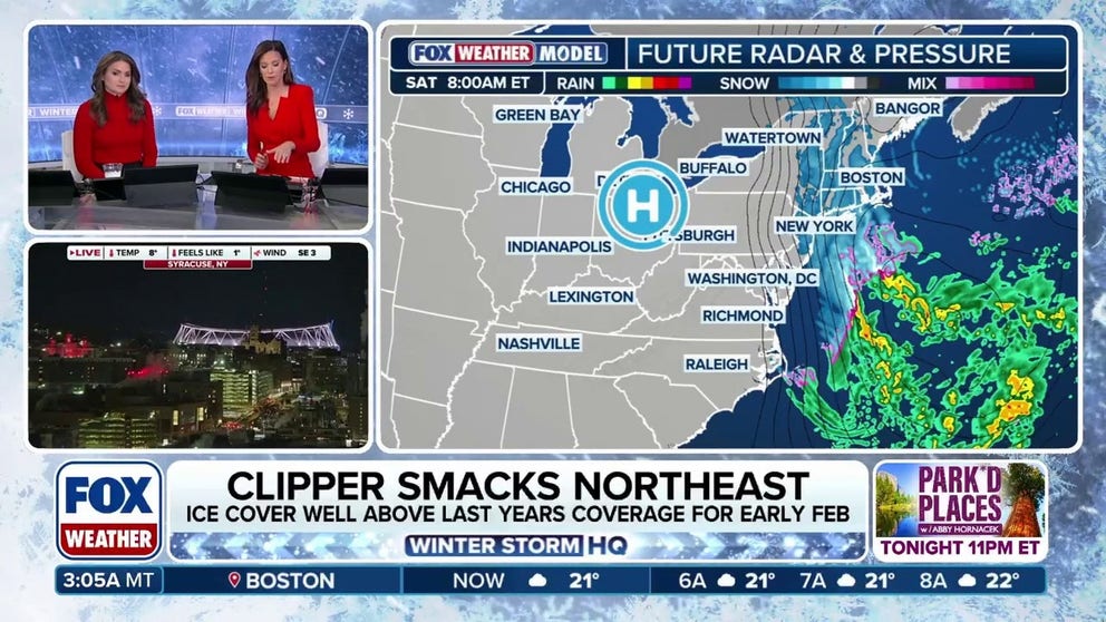 A fast-moving clipper system is expected to bring powerful wind gusts and a shot of snow to the Great Lakes and Northeast — regions that are already well above their average winter snow accumulations. Snow squalls are the main concern in the interior Northeast, bringing powerful wind gusts that can create blowing snow that greatly reduces road visibility. Over 42 million people across the region are under Wind Alerts, with wind gusts up to 60 mph possible through Saturday. Snow is expected to reach the Interstate 95 corridor early Saturday through midday. New York City could see an additional 1 to 3 inches of snow. 