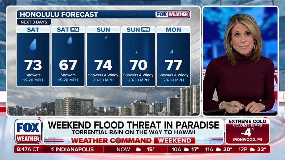 Flooding rain continues for Hawaii this weekend as a cold front will stall across the state. Plentiful moisture along the stalled front will bring the potential for heavy rainfall and even a few thunderstorms through Monday afternoon. Stay with FOX Weather for the latest: 