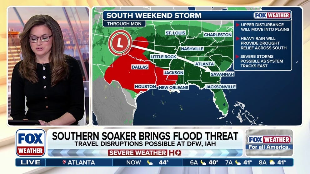 A powerful cross-country storm could complicate Valentine's Day and President's Day weekend plans for millions across the South. As the storm system moves across the Deep South and onto the Southeast coast through Presidents' Day, a widespread 1-2 inches of rain is expected. Rain associated with the system will bring a low-level flash flood threat from Lubbock, Texas through Joplin, Missouri on Friday. The flood threat shifts to Arkansas Saturday and increases to a Level 2 out of 4. Severe thunderstorms are possible Friday afternoon from West Texas north through central Oklahoma. The severe weather threat, including the risk of tornadoes, will shift east through the weekend across the Gulf Coast.