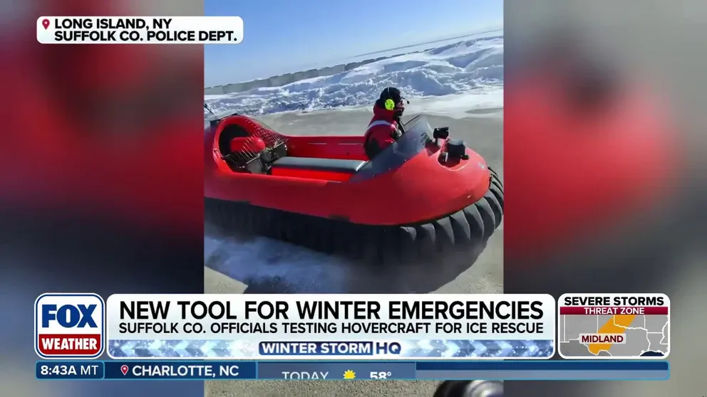 A hovercraft that can seamlessly move from sand, to ice to snow is being tested by Suffolk County police for ice and water rescues in the winter. Joining FOX Weather is Robert Jenkins, a Suffolk County Police Marine Bureau officer, to talk about the new vehicle and how to practice safety on ice. 