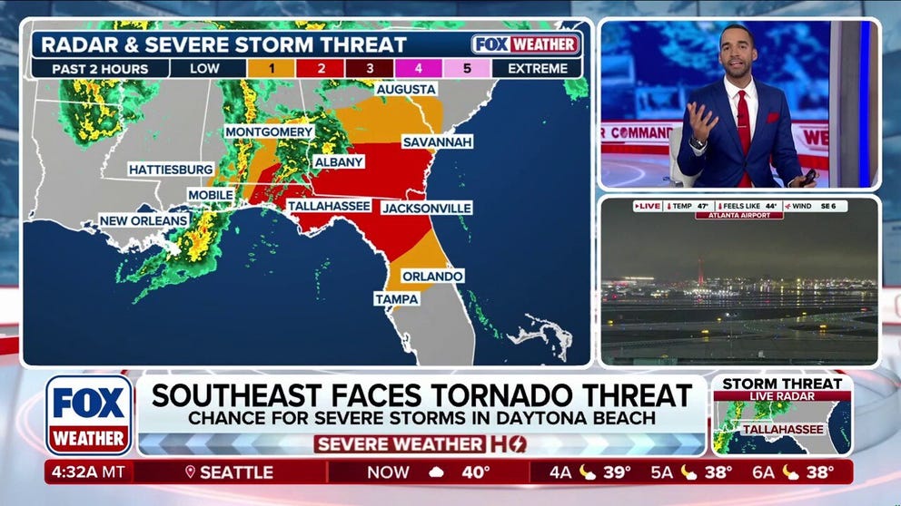 The Southeast is bracing for additional severe storms and the potential for strong tornadoes across portions of the region, with three already reported in Louisiana this morning. The line of storms will continue pushing east and could intensify along the northern Gulf Coast before reaching the Florida Peninsula Sunday evening. Stick with FOX Weather for the latest: