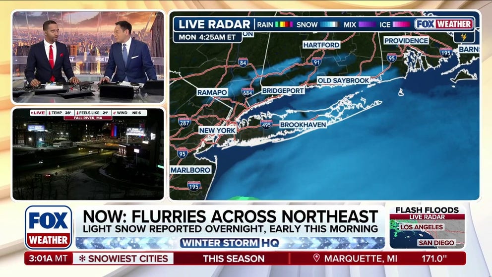 Light snow is falling across parts of the Northeast before it's expected to taper off by mid-to-late morning. While snow totals are generally light, minor travel issues are possible across Long Island. Stick with FOX Weather as the system moves out: