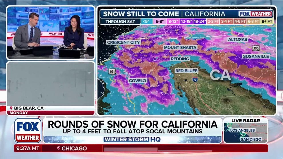 Heavy snow is falling in higher elevations of California, as a storm dumps feet on the mountains, wreaking havoc on travel. Up to 4 feet of snow is possible for the southern California mountains through the week's end. 