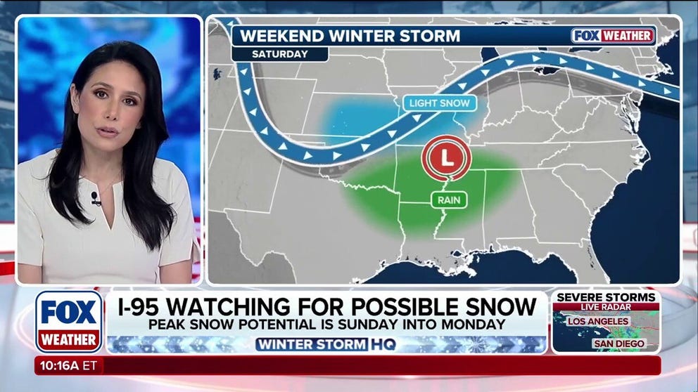 The FOX Forecast Center is tracking the potential for a significant snowstorm and potential Nor'easter to impact the I-95 corridor Sunday into Monday. The third in a series of three winter storms set to impact the Eastern U.S. this week, the Sunday-Monday system has the highest ceiling for significant impacts. The storm originates from a disturbance currently moving along the coast of British Columbia in Canada. As it reaches the East Coast, it is expected to develop a surface low-pressure system that will track offshore, potentially bringing major snow to the Northeast. However, the forecast is far from set in stone. Everything needs to line up perfectly for a "blockbuster" storm.