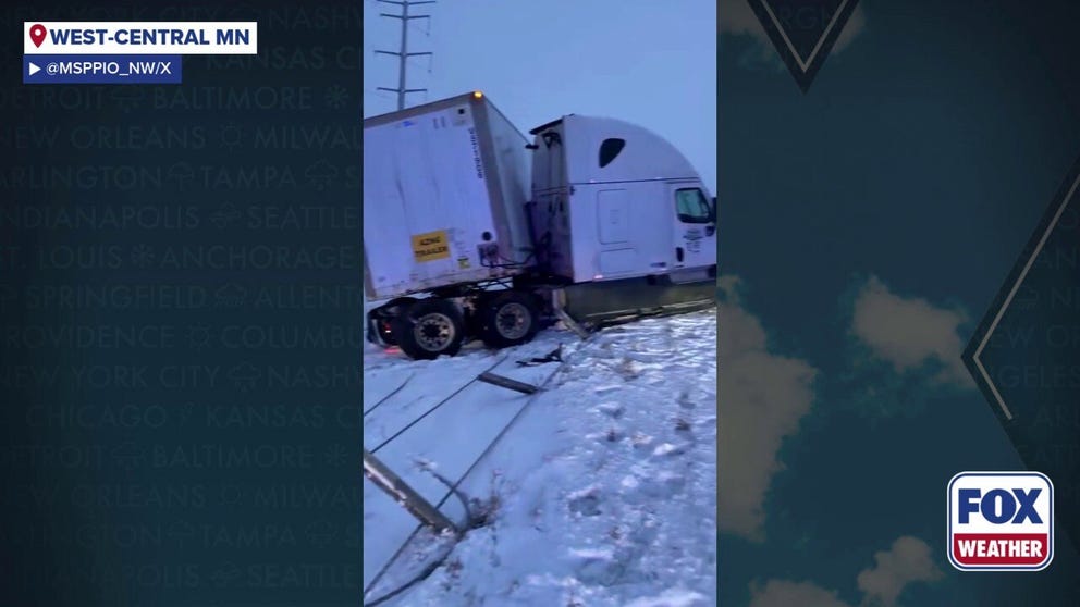 Video from West-Central Minnesota Thursday morning shows Minnesota State troopers responding to a jackknifed semi along a snow-covered highway. Roads in the region are still covered or partially-covered with snow and MSP is warning people to use caution when driving.