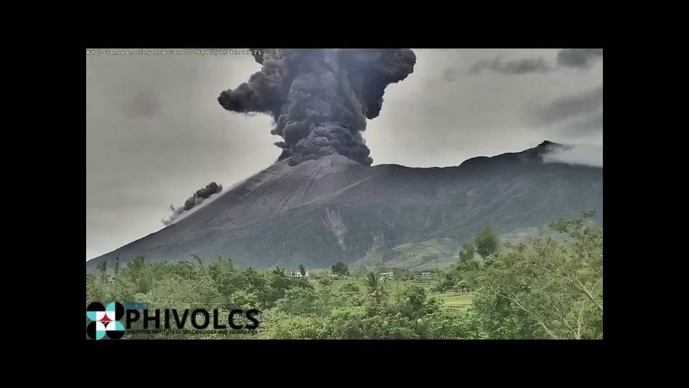Timelapse footage shows Kanlaon Volcano erupting in the Philippines, generating a dark gray ash plumes that rose more than 6,500 feet above the crater.