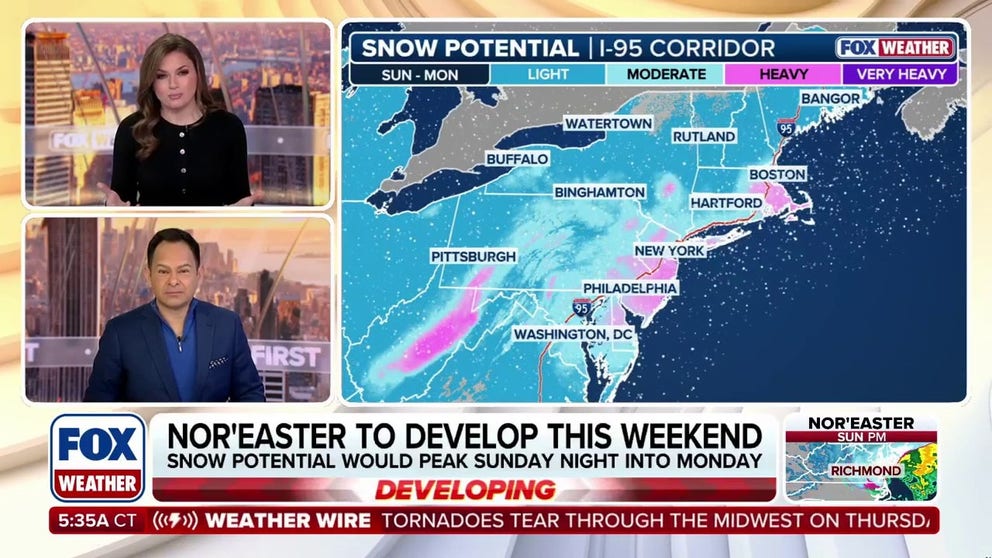 Data coming into the FOX Forecast Center shows that a powerful nor'easter is set to develop this weekend, with increased chances for an 'impactful' snowstorm. Major cities along the I-95 corridor, like New York City, Philadelphia and Boston could see plowable snow totals, with the peak of the snow potential arriving Sunday night into Monday morning. Stick with FOX Weather for all the latest as the system develops: