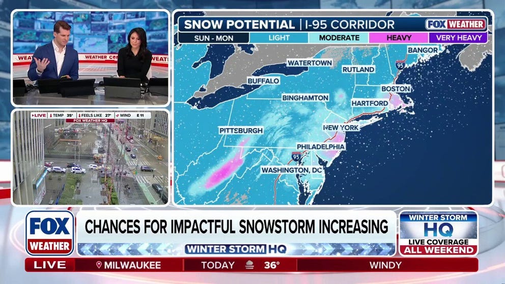 The forecast is taking shape for a snowstorm that is brewing for the Northeast on Sunday into Monday. Pockets of heavy snow are possible near Boston and the Jersey shore. Strong wind gusts will also be a concern. 