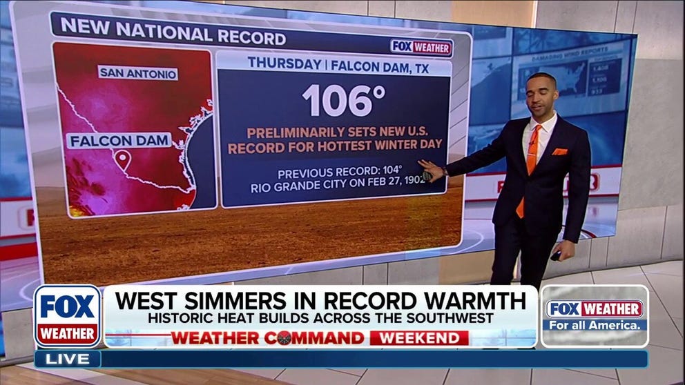 Record temperatures have been recorded across the Southwest since Thursday, with dozens of cities setting new highs in Texas, Arizona, California, Oklahoma and Arkansas. The hottest winter day ever was set in Falcon Dam on Thursday at 106 degrees. 