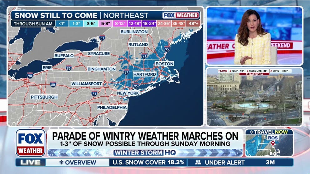Round one of a three-storm sequence continues spreading snow across the Northern Tier, moving into the Northeast by Sunday morning. The system will bring snow, freezing rain, and ice, impacting the Midwest, Northeast, and Mid-Atlantic through Wednesday. Stay tuned to FOX Weather for the latest updates.