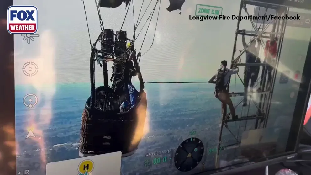 HIGH STAKES RESCUE 🚨: A hot air balloon carrying two passengers struck an approximate 920-foot cell tower in Longview, Texas, on Saturday. The local fire department called it a 