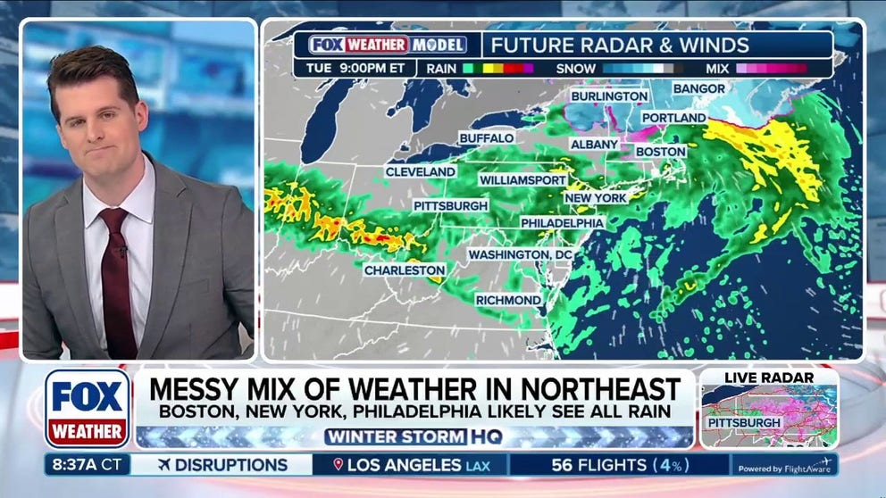 Winter doesn't want to let go in the Mid-Atlantic and Northeast as snow and ice shift north on Tuesday. Ice, freezing rain and snow are possible through this afternoon, but as the day continues snow is likely to shift to rain. 