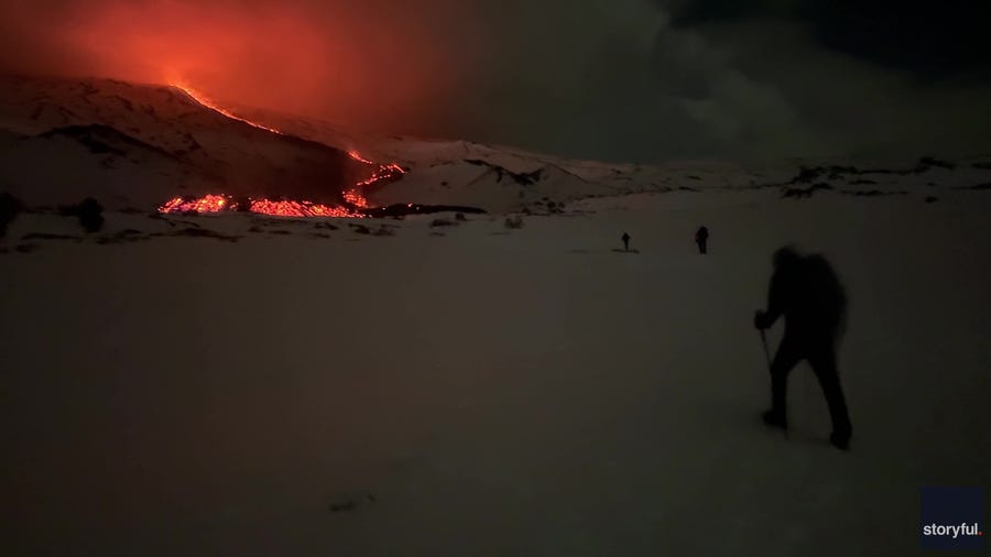 Hikes walk in the snow past an erupting Mt. Etna