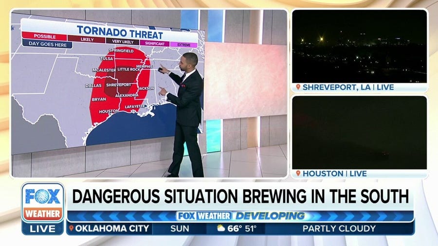 Severe thunderstorms with tornadoes, large hail possible in the South starting Monday
