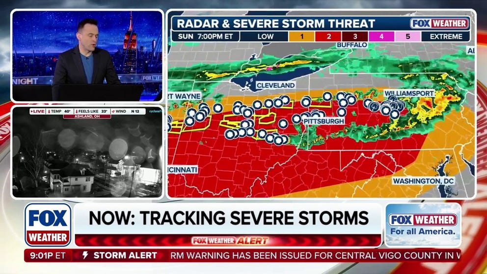Severe storms are impacting the Ohio Valley and Mid-Atlantic as a cold front moves into a much warmer and more unstable air mass. The center of the severe weather is in Pennsylvania with Pittsburgh being in the bullseye. Large hail and damaging winds are expected. 