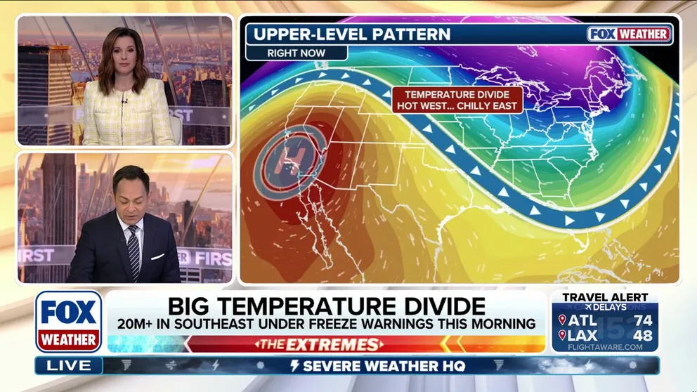 Freeze Warnings cover more than 20 million people across the Southeast Wednesday, with more than 180 million over the broader eastern U.S. experiencing below-average temperatures. Residual Arctic air associated with the blizzard that slammed the Upper Midwest earlier this week kept morning low temperatures 10-20 degrees below average throughout much of the eastern half of the country. Temperatures will finally begin to rise closer to seasonal averages on Thursday.