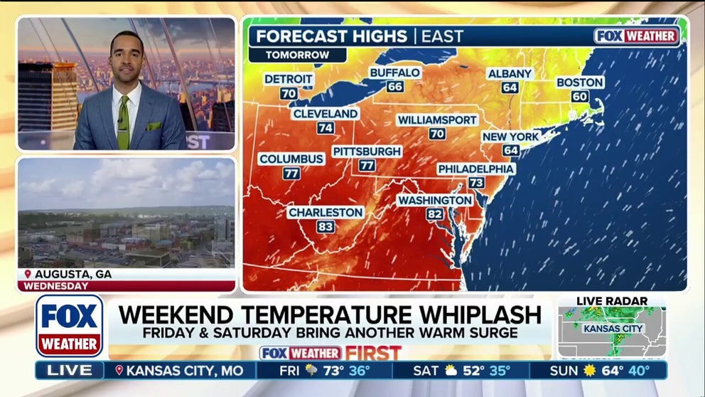 Much of the eastern U.S. will be riding a temperature roller coaster through the holiday weekend, with millions reaching the mid-80s across parts of the Northeast, Mid-Atlantic and Southeast, before a cold front plunges temperatures back into the 40s Monday.