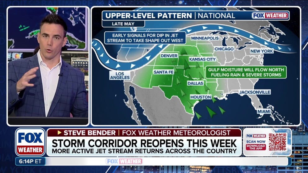 Severe weather is expected to make a return from the Southern Plains into the Midwest as a stagnant weather pattern parks itself over the U.S. this week.