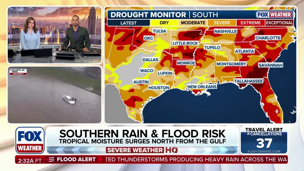 A flash flood threat stretches from Houston through the Southeast and Tennessee River Valley, including major cities like Nashville and Atlanta, where a level 1 out of 4 risk exists. Memorial Day weekend travelers will need to monitor the forecast closely, as this long-lived event is likely to bring disruptions to a large portion of the South through Monday.