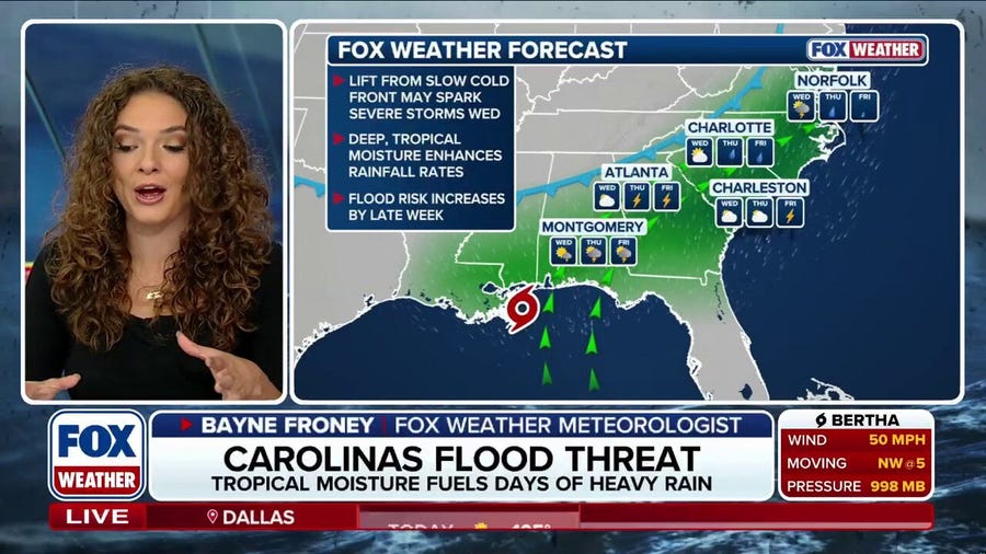 Severe storms target Mid-Atlantic and Carolinas, setting up flood threat that Bertha may worsen
