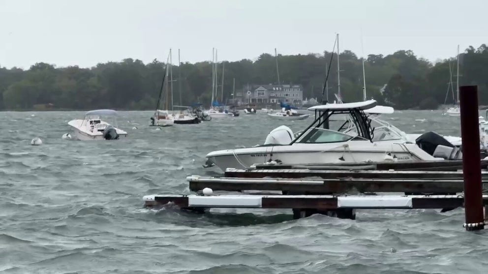 Rough waves, heavy rain, and strong winds from the first Nor'easter of the Fall continue to fuel a flood threat at the harbor in Hingham, Massachusetts.