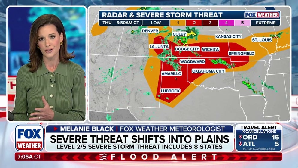Potentially strong tornadoes and damaging winds loom as the multiday severe weather threat shifts to the Central and Southern Plains Thursday. Portions of the region have been issued a Level 2 out of 5 threat. FOX Weather Meteorologists Melanie Black and Stephen Morgan break down the ongoing risk:
