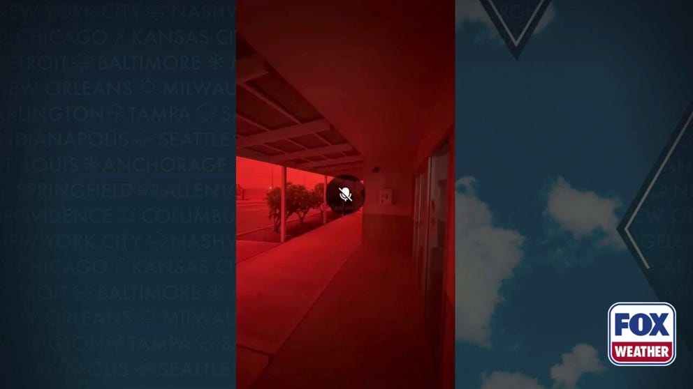 Footage captured highlights eerie skies over Western Australia just before Tropical Cyclone Narelle made landfall, engulfing Denham in orange and red from dust on March 27. 