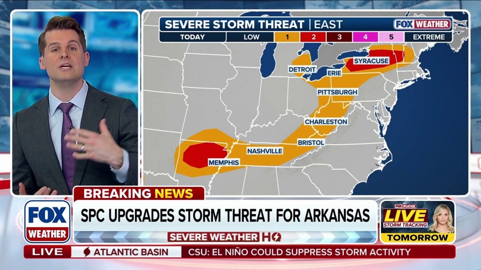 Thursday’s severe weather threat has been upgraded for portions of Northern Arkansas as large hail and damaging winds threaten millions across the Northeast, extending south into the Ohio and Tennessee Valleys. FOX Weather Meteorologists Stephen Morgan and Marissa Torres break down what’s happening: 