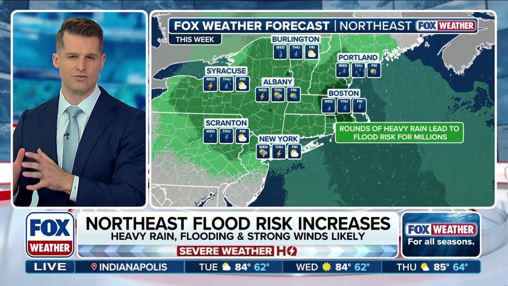 Flood threats are ramping up for millions along the I-95 corridor and Northeast starting Tuesday, bringing fierce coastal winds and torrential downpours. Dangerous rainfall rates could exceed 1 to 2 inches per hour. Full forecast: