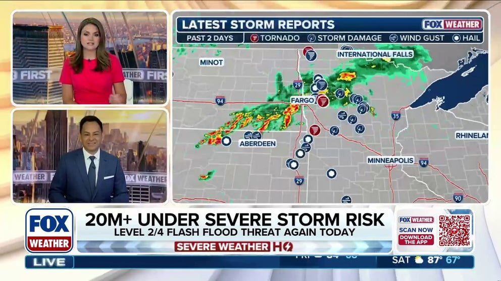 More than 20 million Americans face a severe storm threat Wednesday as rounds of relentless rain fuel flash flood risks across the Upper Midwest and Northern Plains. This follows early-week storm reports of damaging winds and tornadoes across parts of the region. Full forecast: