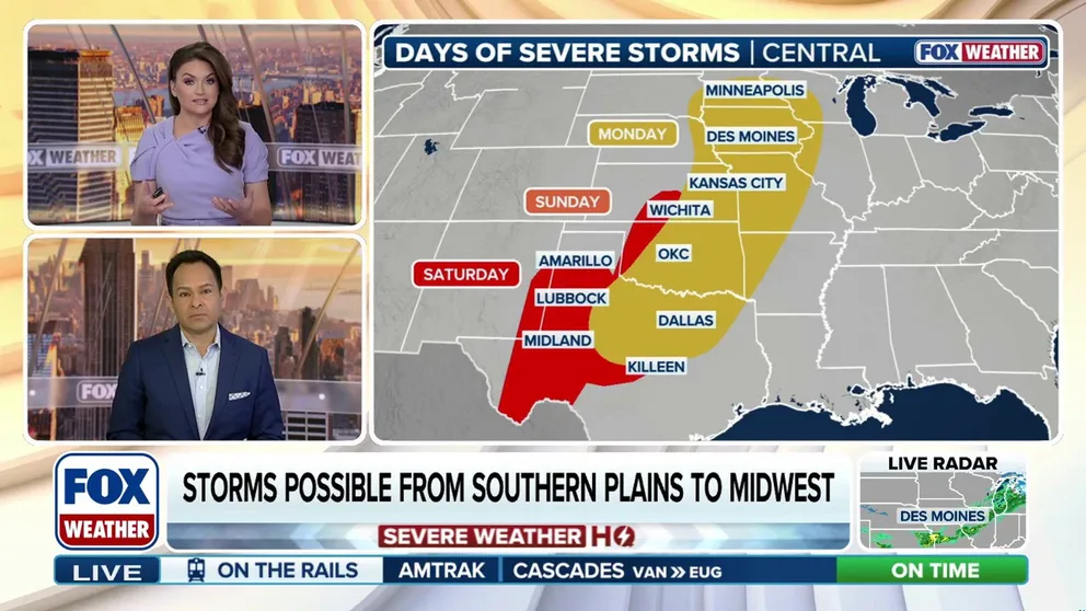 Back-to-back storms will sweep out of the Rockies across parts of Texas and Oklahoma this weekend. Damaging winds, large hail and tornadoes are possible, with the threat likely increasing into Sunday. The severe weather threat will expand to the Central Plains and Midwest on Monday.