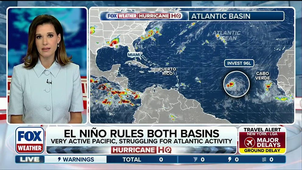 Invest 96L is still organizing in the Atlantic, despite hostile conditions presented by El Niño. The system is likely to develop into a Tropical Depression or Tropical Storm Dolly for a short time before conditions for development deteriorate on Friday. 