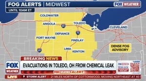 Chemical leak mixing with fog in Toledo, Ohio, causing evacuations
