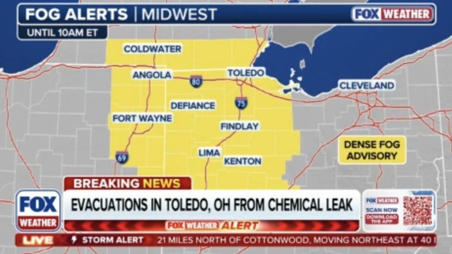 Chemical leak mixing with fog in Toledo, Ohio, causing evacuations