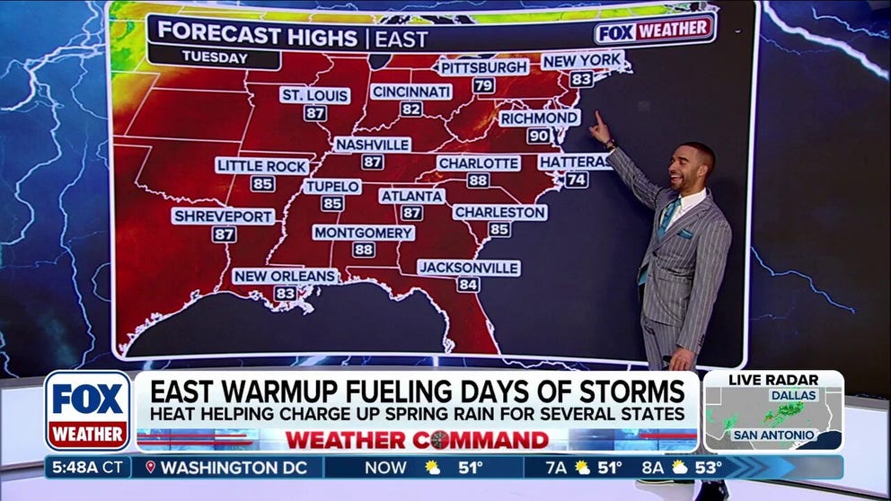 While summer-like heat is set to take hold across the East—potentially challenging over 150 record highs in many major cities—it will also fuel the chance for days of rain and storms later in the week. FOX Weather Meteorologists Michael Estime and Melanie Black break down the details: