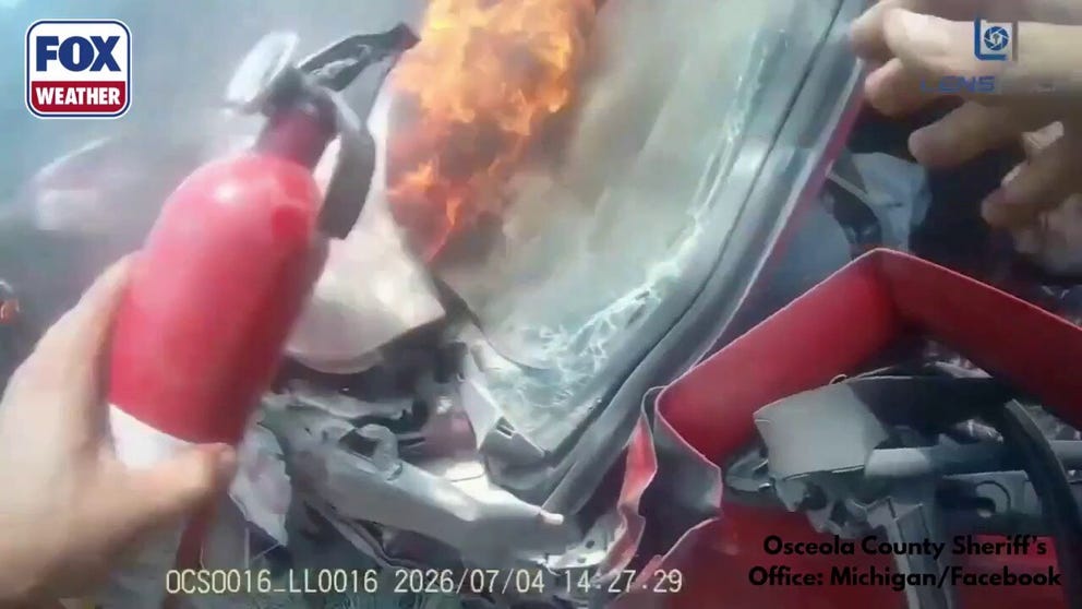 When a vehicle caught fire after crashing and the driver was trapped, bystanders and an Osceola County Sheriff's deputy came to the rescue to save the man from the flames. Video shows the deputy arriving on scene and helping to free the man from the car before the flames got too close.