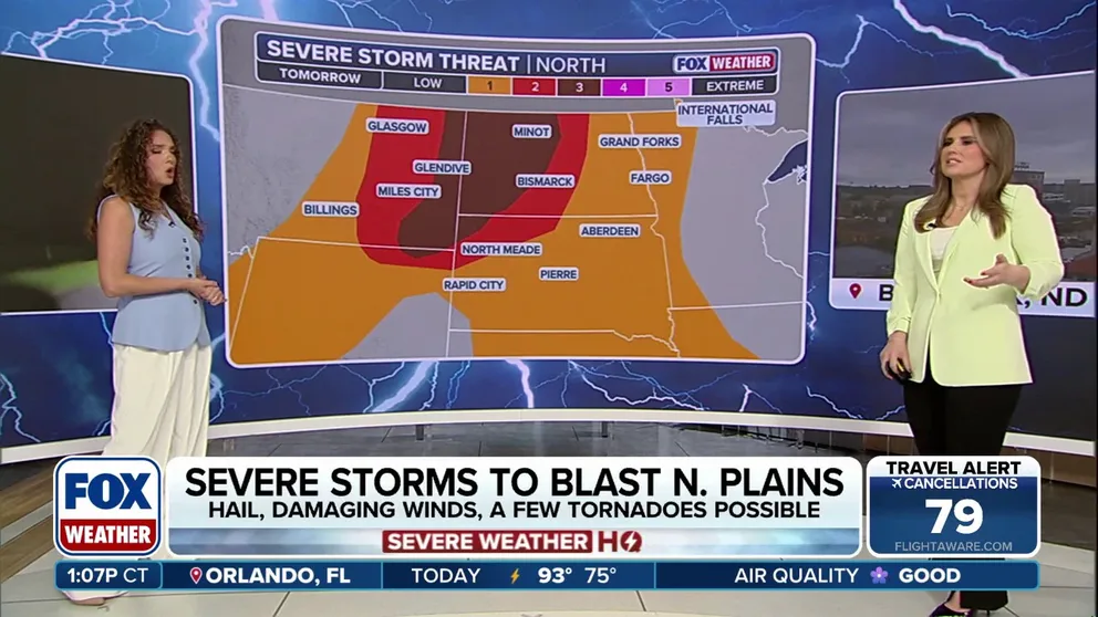 Severe weather is taking aiming at the Northern Plains this weekend, with hail, damaging winds and a few tornadoes possible tomorrow. A level 3 out of 5 severe storm threat reaches across western North Dakota and into eastern Montana as well as the northwestern tip of South Dakota.