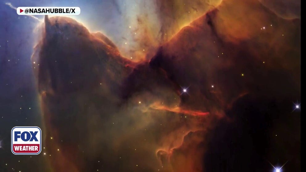 NASA’s Hubble Telescope captures stunning images of the Trifid Nebula in deep space, nearly 5,000 light-years away from Earth.