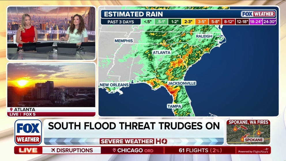 Multiple rounds of heavy rain and thunderstorms will keep the Southeast flood threat active through midweek as slow-moving storms are set to slam the region. A Level 1 out of 4 flood threat remains through Wednesday. Full forecast: