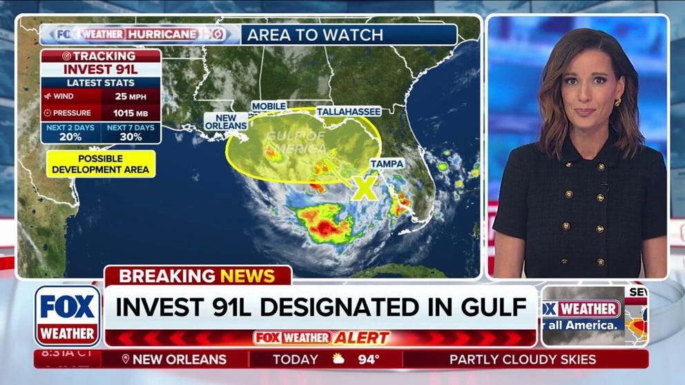 Coming out of the Gulf, the National Hurricane Center has designated Invest 91L. The chance of development for this area to watch was upgraded to 20% chance over the next two days. Stick with FOX Weather for all the latest.