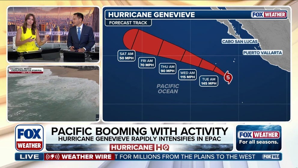 Genevieve strengthened into the first Category 5 hurricane in the Eastern Pacific basin since Hurricane Kristy in 2024 as it rapidly intensified early Monday. Hurricane Genevieve is also the Northern Hemisphere's first major hurricane of the 2026 season, across both the Atlantic and Eastern Pacific basins.