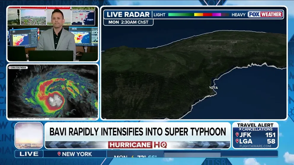 FOX Weather Meteorologist Ari Sarsalari shares the latest updates on the newly developed Super Typhoon Bavi as it makes a direct approach to the Mariana Islands this week, threatening heavy rain, winds and deadly flooding.